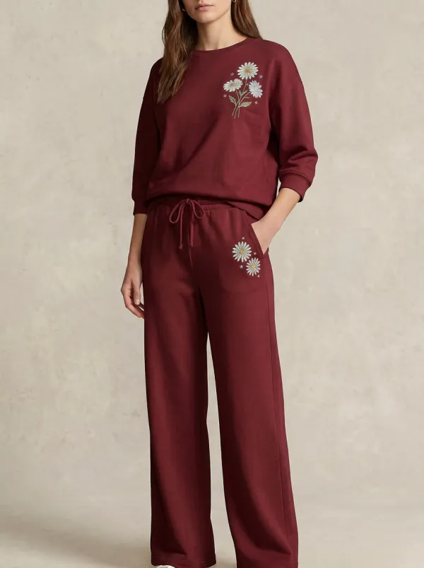 Women's Floral Embroidered Crewneck Sweatshirt And Drawstring Wide-Leg Trouser Lounge Set
