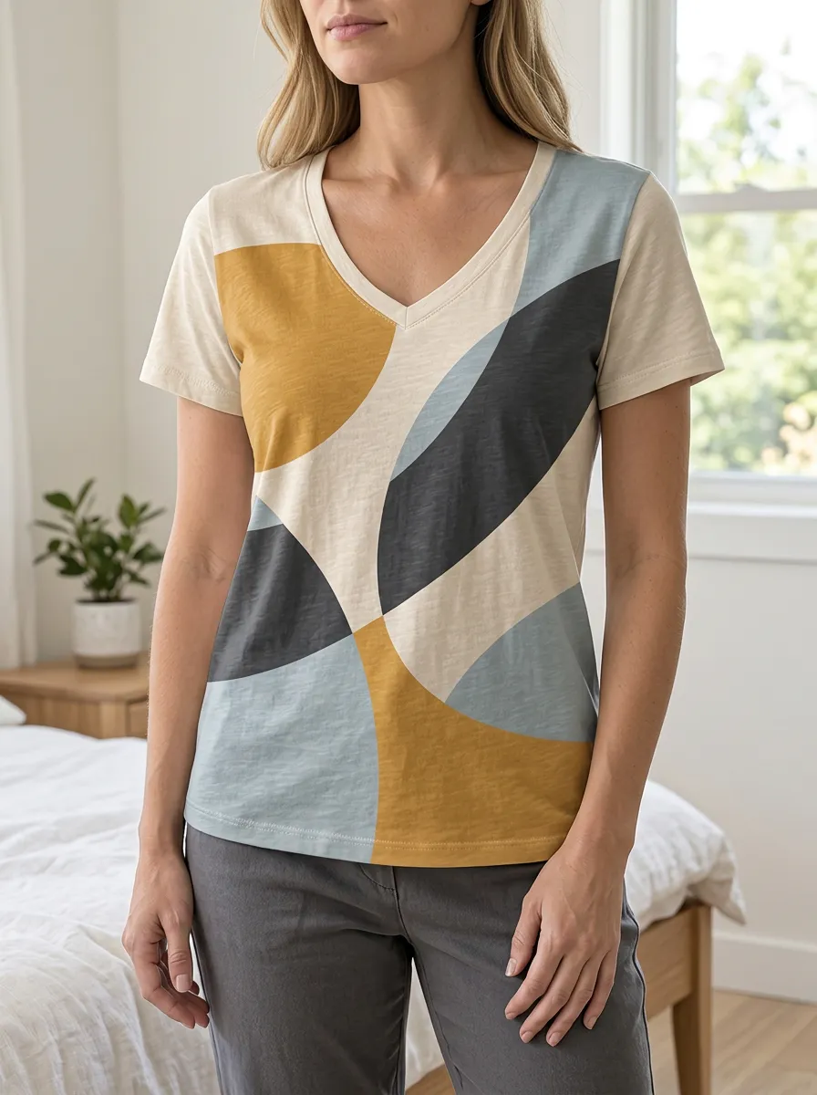 Women's Graphic Abstract Geometric Pattern V-Neck T-Shirt