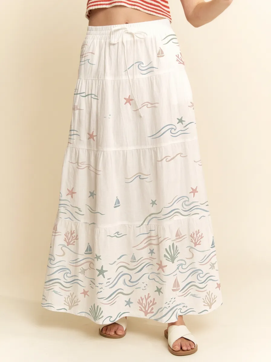 Women's Coastal Ocean Starfish Sailboat Graphic Maxi Skirt