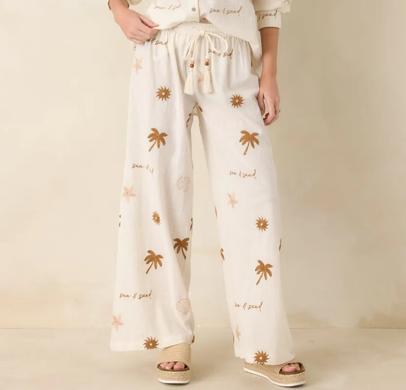 Light Beige Coastal Embroidered Button-Down Top