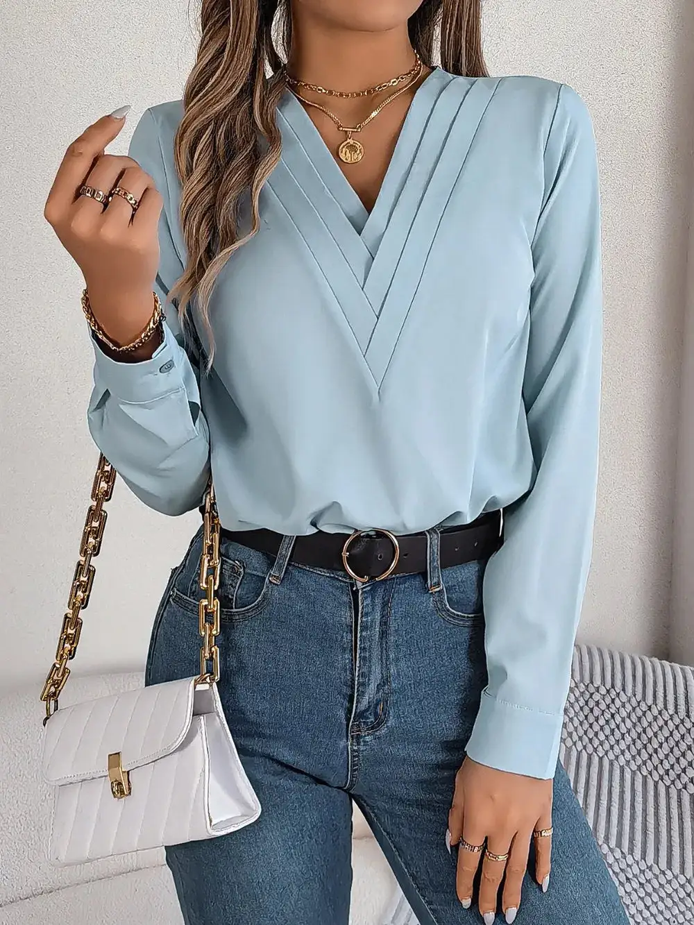 Textured V-Neck Long Sleeve Blouse