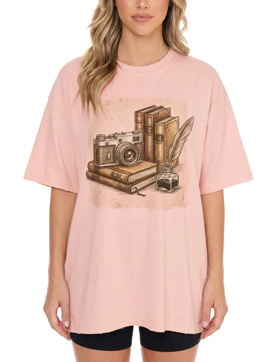 Women's Writer Photographer Vintage Books Camera Ink Graphic T-Shirt