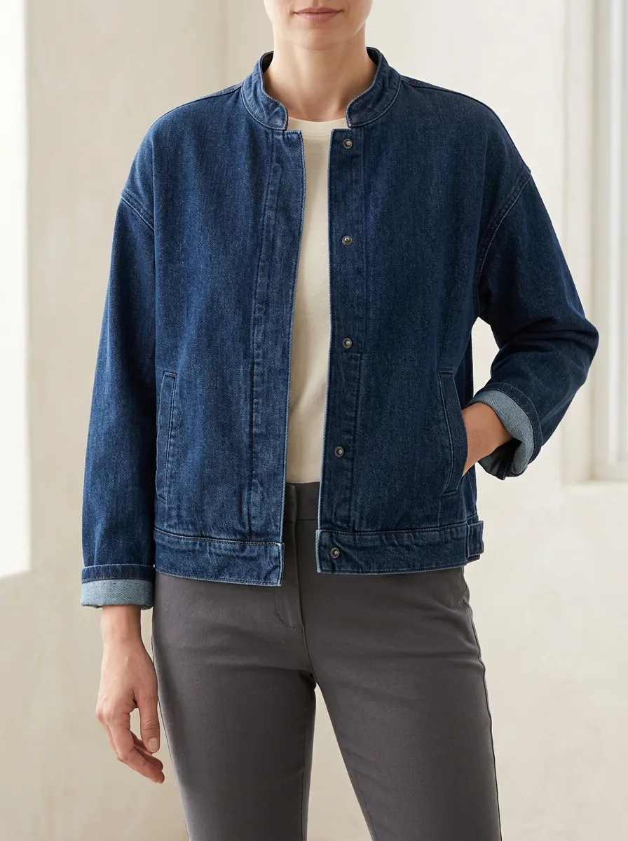 Collarless Women's Denim Layering Jacket