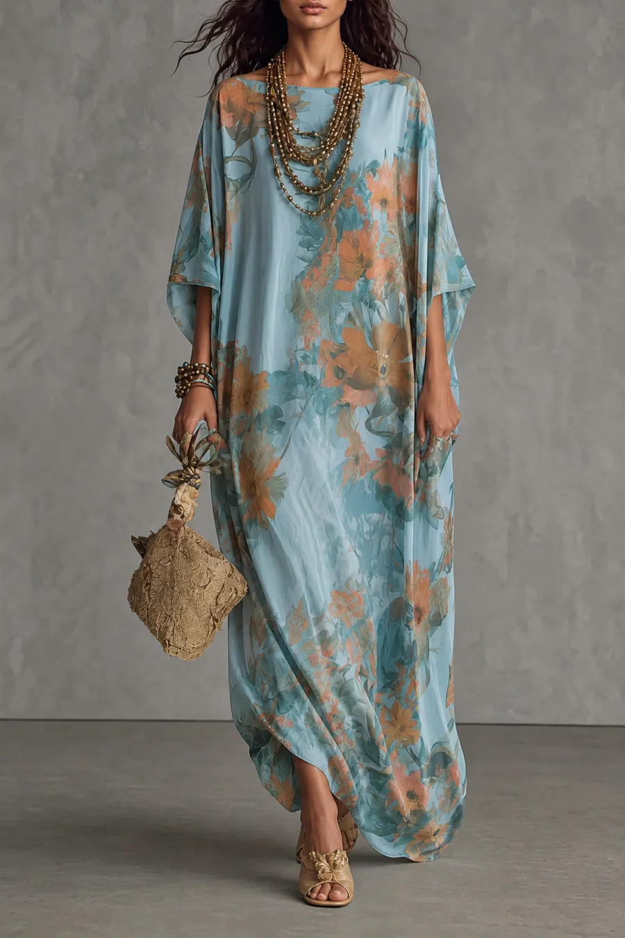 Classic Batwing Sleeve Floral Maxi Dress