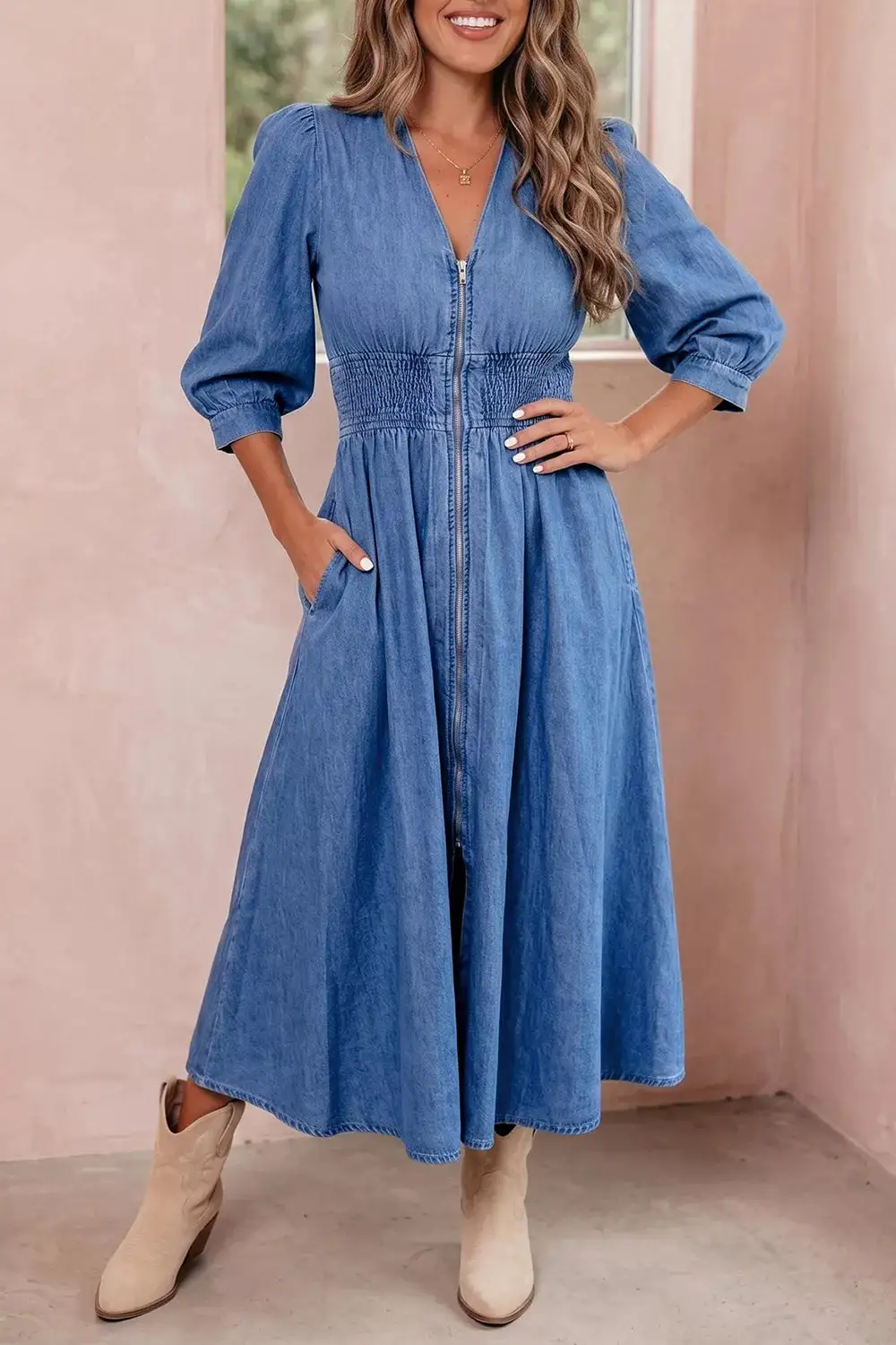 V-Neck Smocked Midi Dress