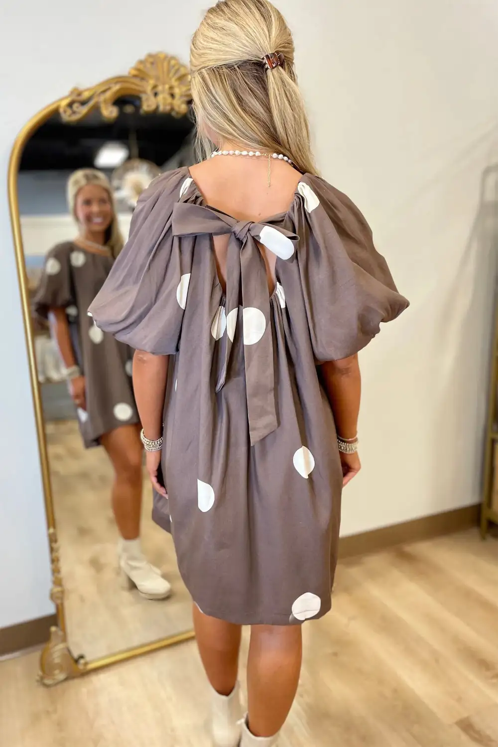 Polka Dot Printed Puff Sleeve Mini Dress