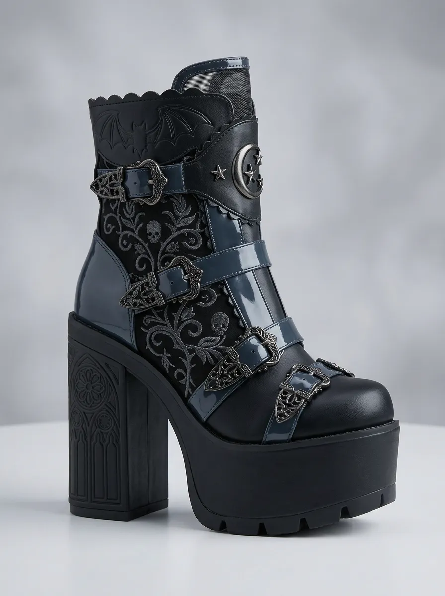 Nightfall Skull Bat Moon Collection Women's Gothic Platform Boots