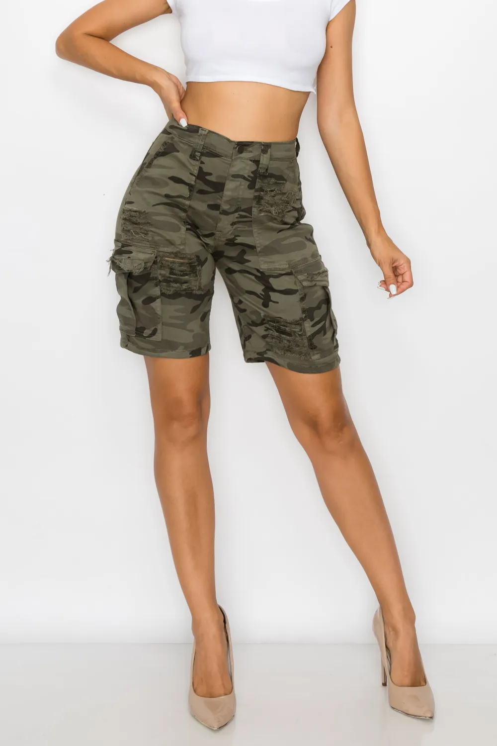 High-Rise Denim Cargo Shorts