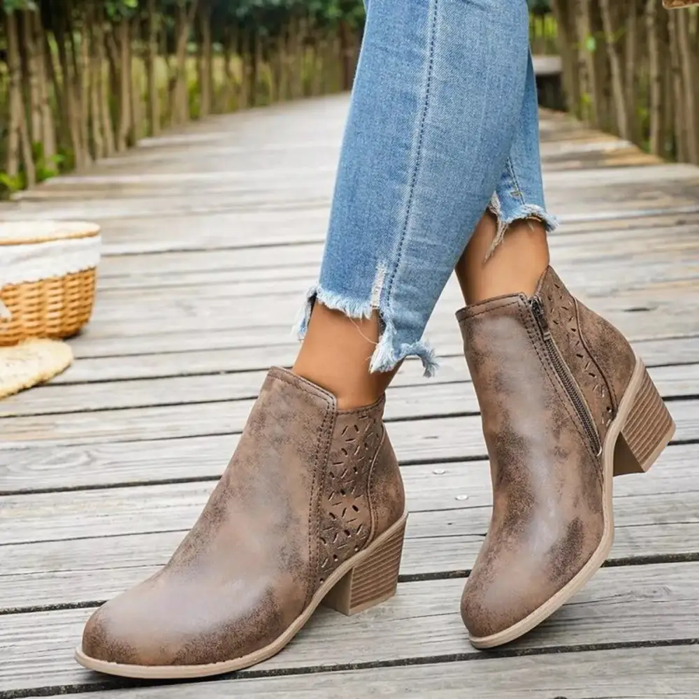 Block Heel Ankle Boots with Cutout Detail