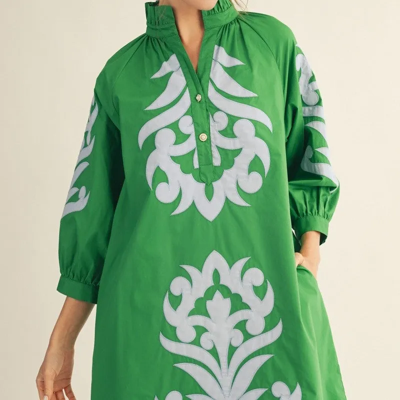 Classic Floral Ruffle Detail Puff Sleeve Button Front Shift Dress