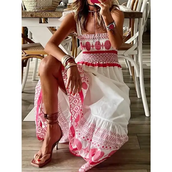 Smocked Printed Tie Shoulder Maxi Dress