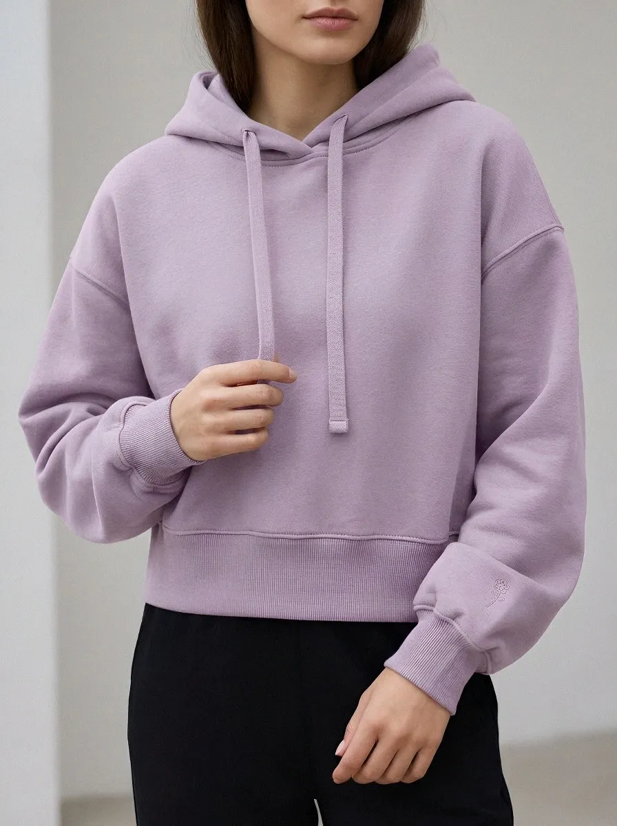 Women's Minimalist Flower Embroidered Solid Grey Cropped Hoodie