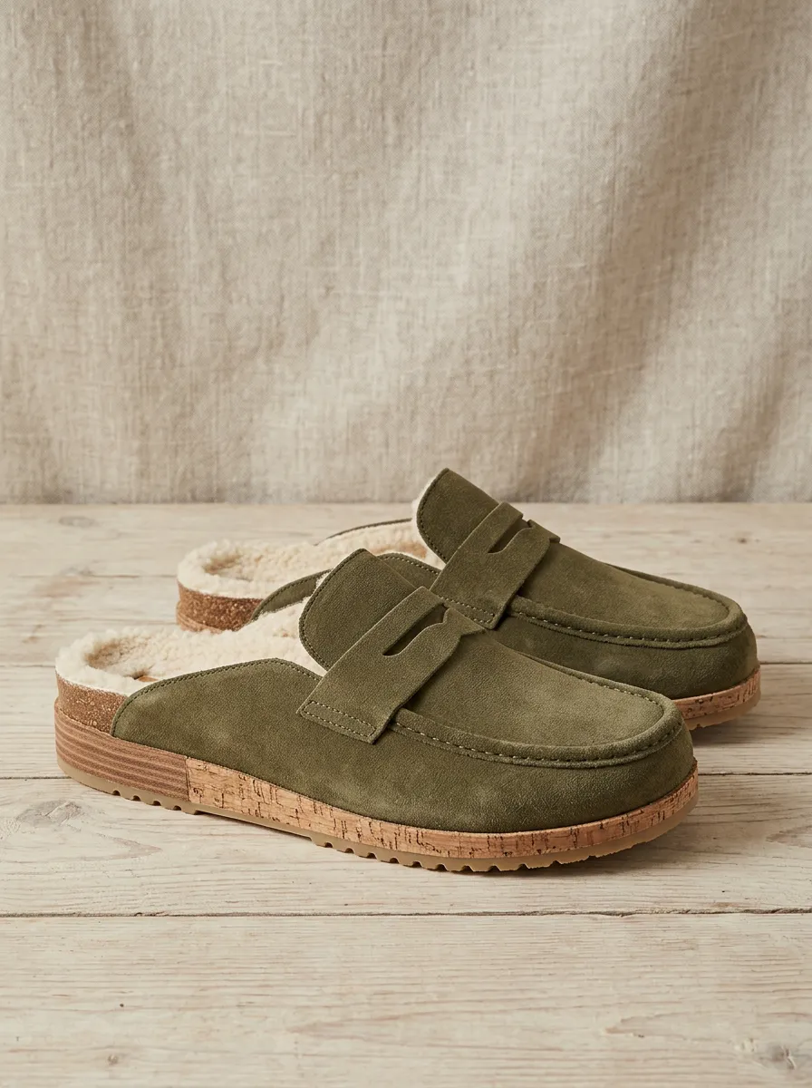 Women's Modern Faux Fur Lined Suede Wood Sole Loafers