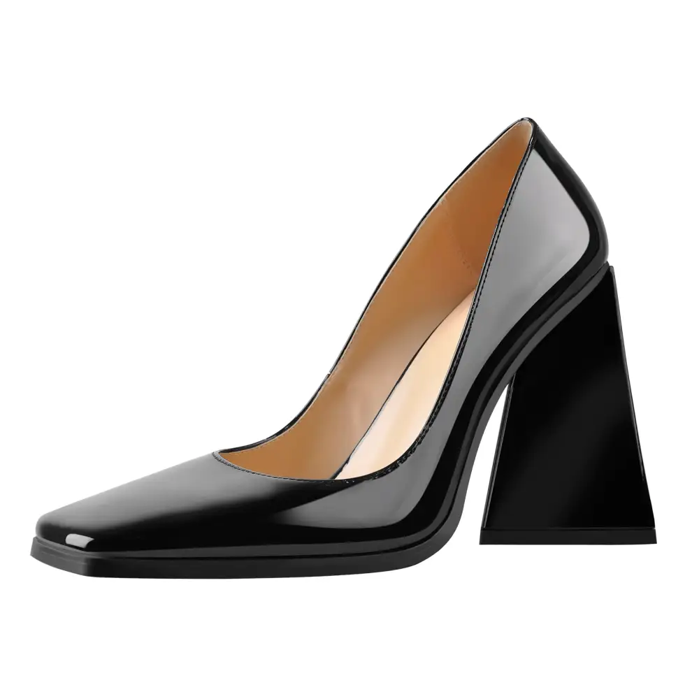 Patent Finish Pointed Toe Chunky Heel Pumps