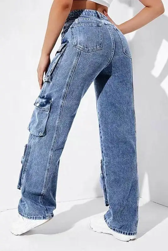 High-Waist Denim Cargo Pants