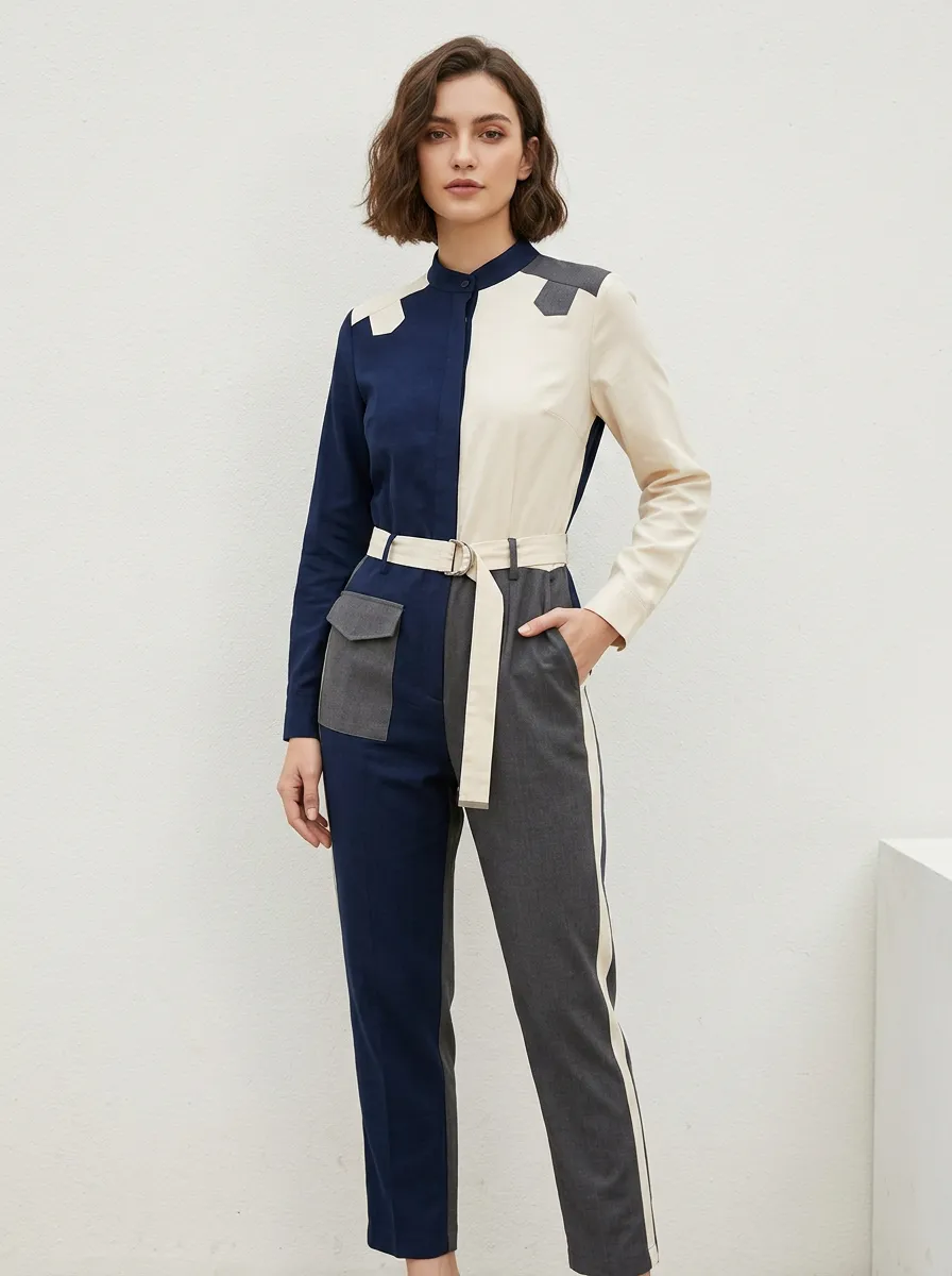 Women's Modern Minimalist Colorblock Patchwork Belted Jumpsuit