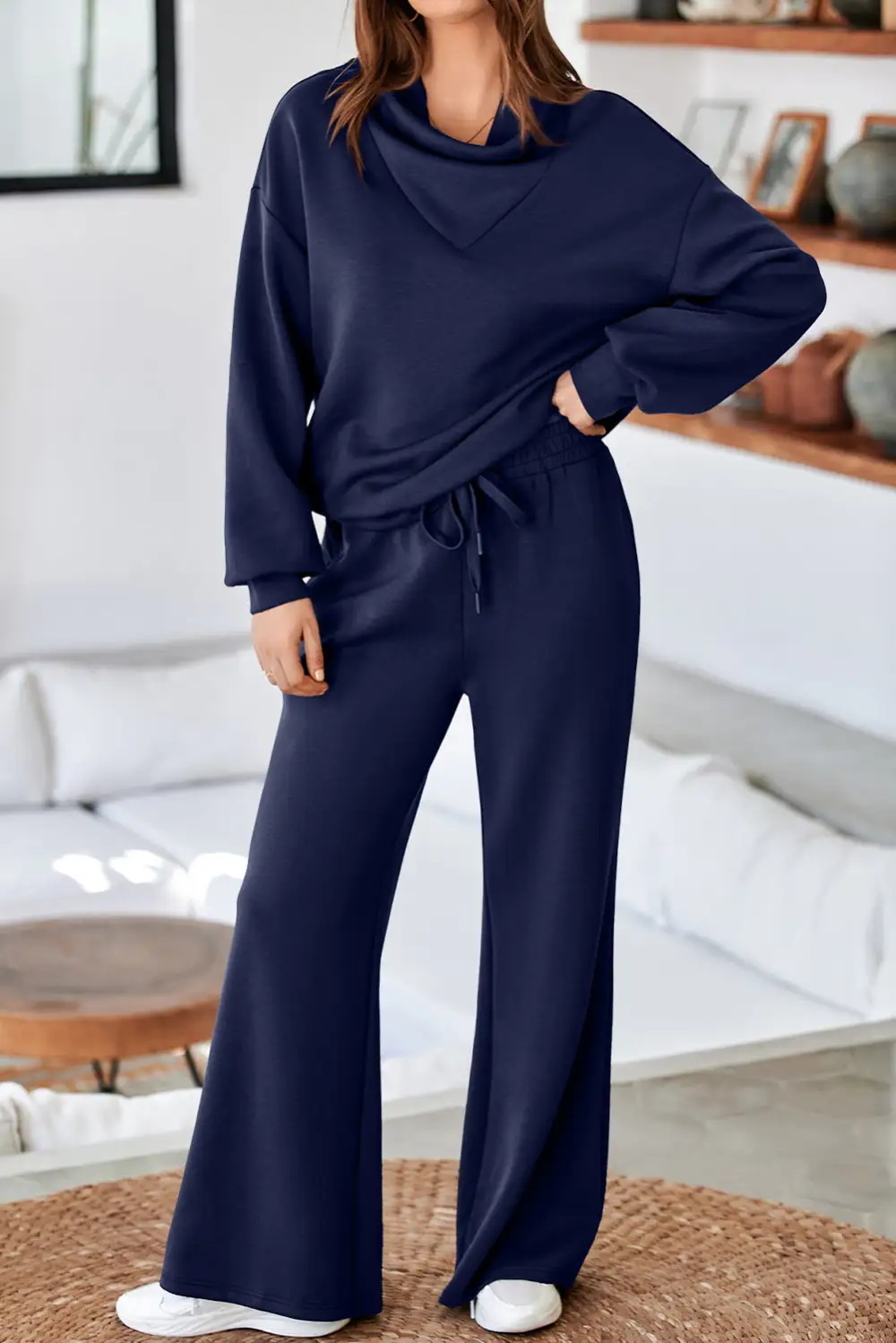 Women's Solid Color Cowl Neck Drawstring Pullover Wide Leg Athleisure Pants Set