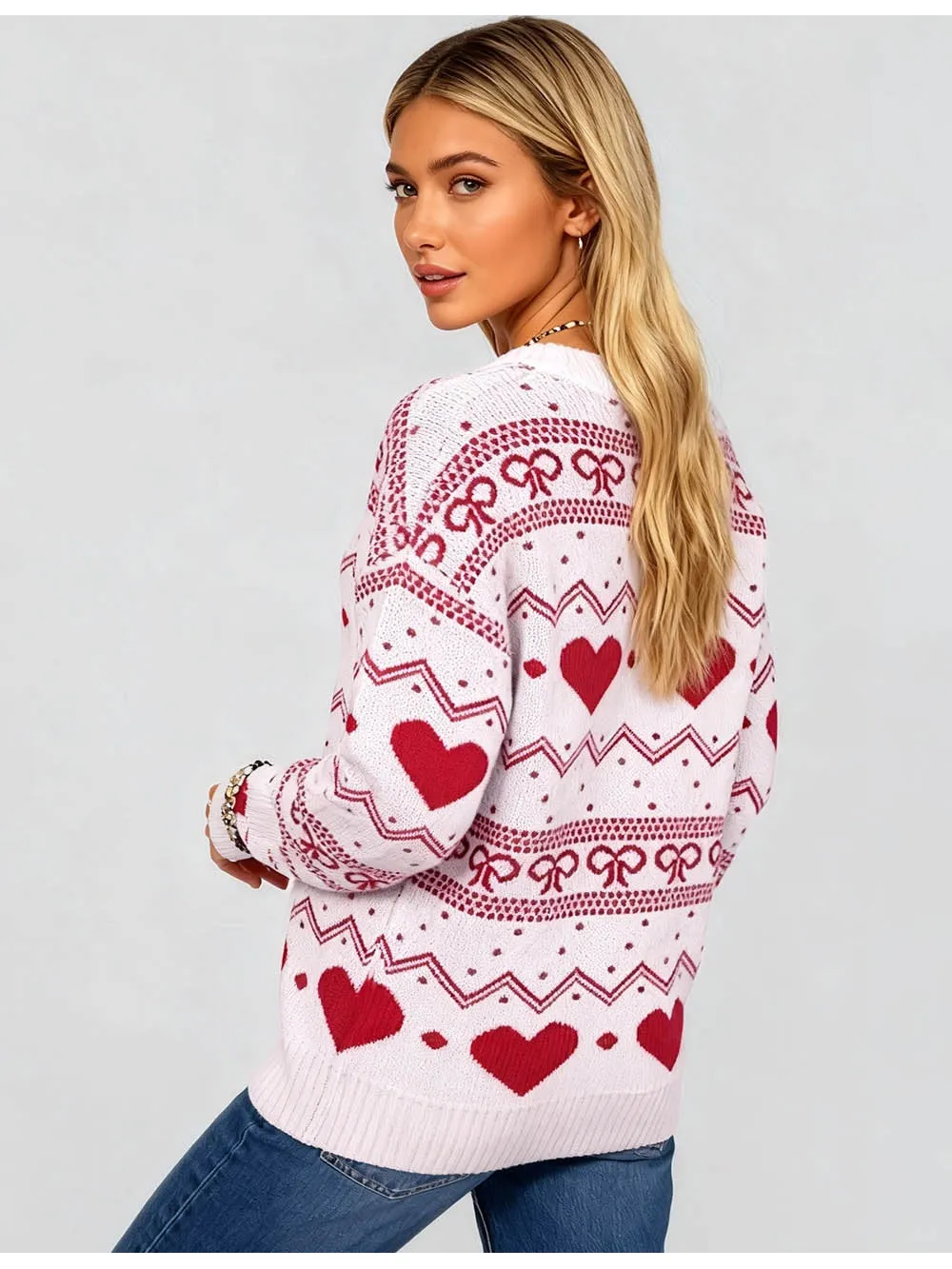 Valentine Heart and Bow Pattern Pullover Sweater