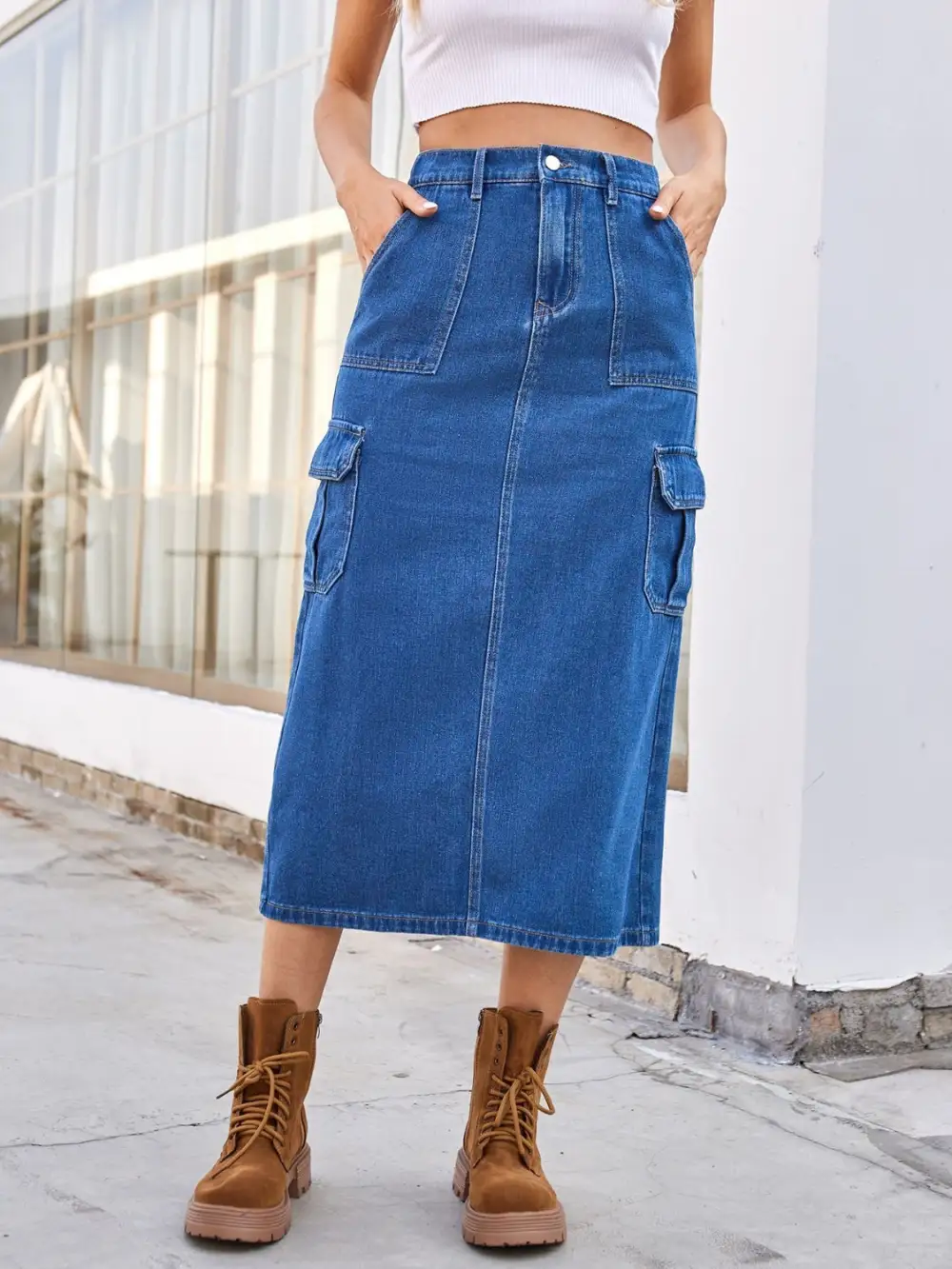 Slit Midi Denim Pockets Skirt