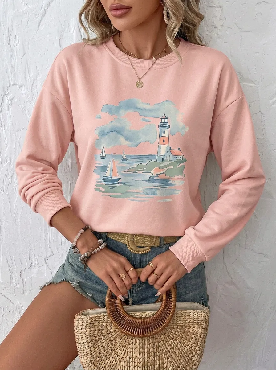 Women's Nautical Ocean Lover Lighthouse Sailboat Graphic Sweatshirt