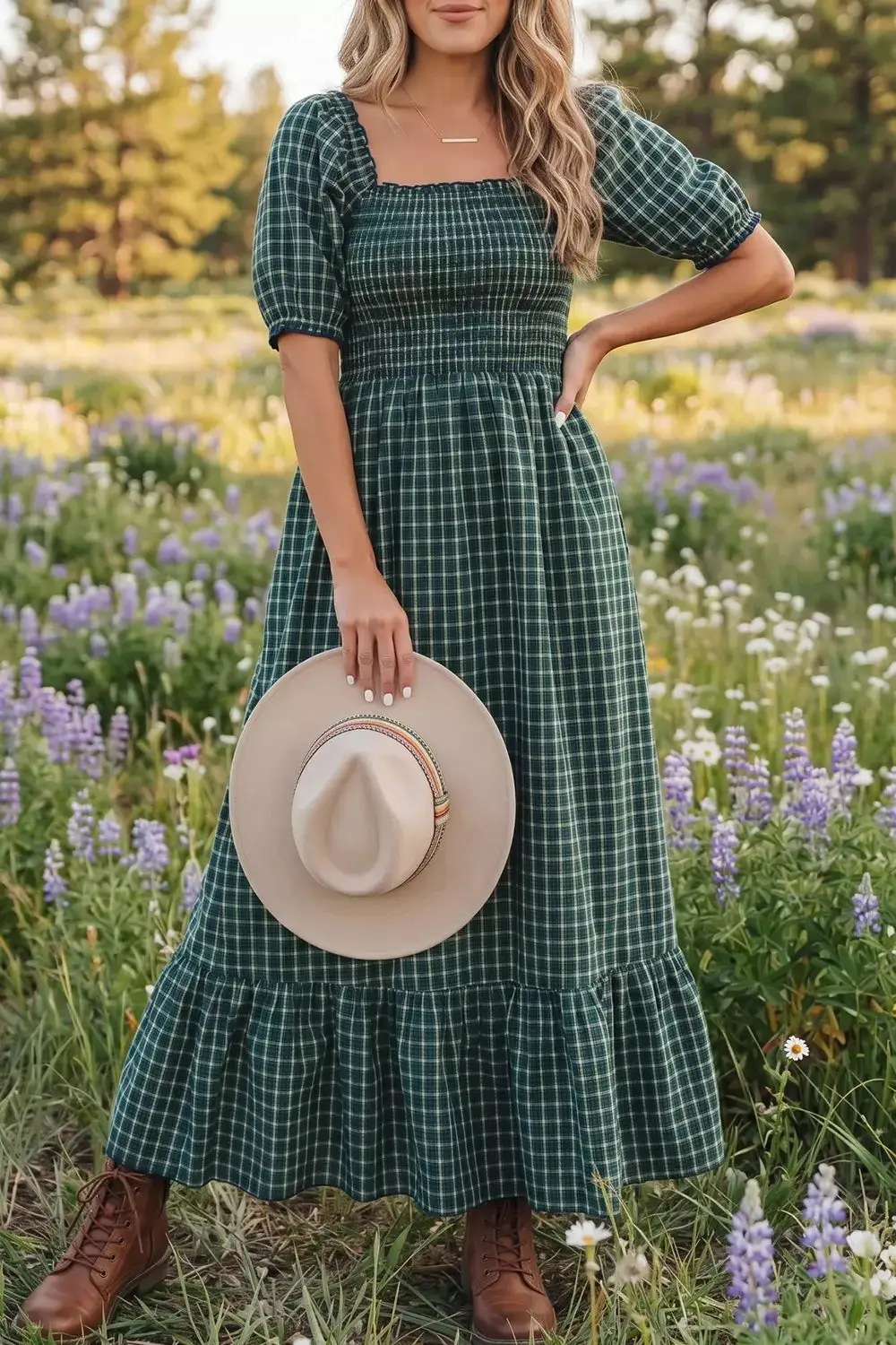 Plaid Square Neck Shirred High Waist Ruffle Hem Maxi Dress