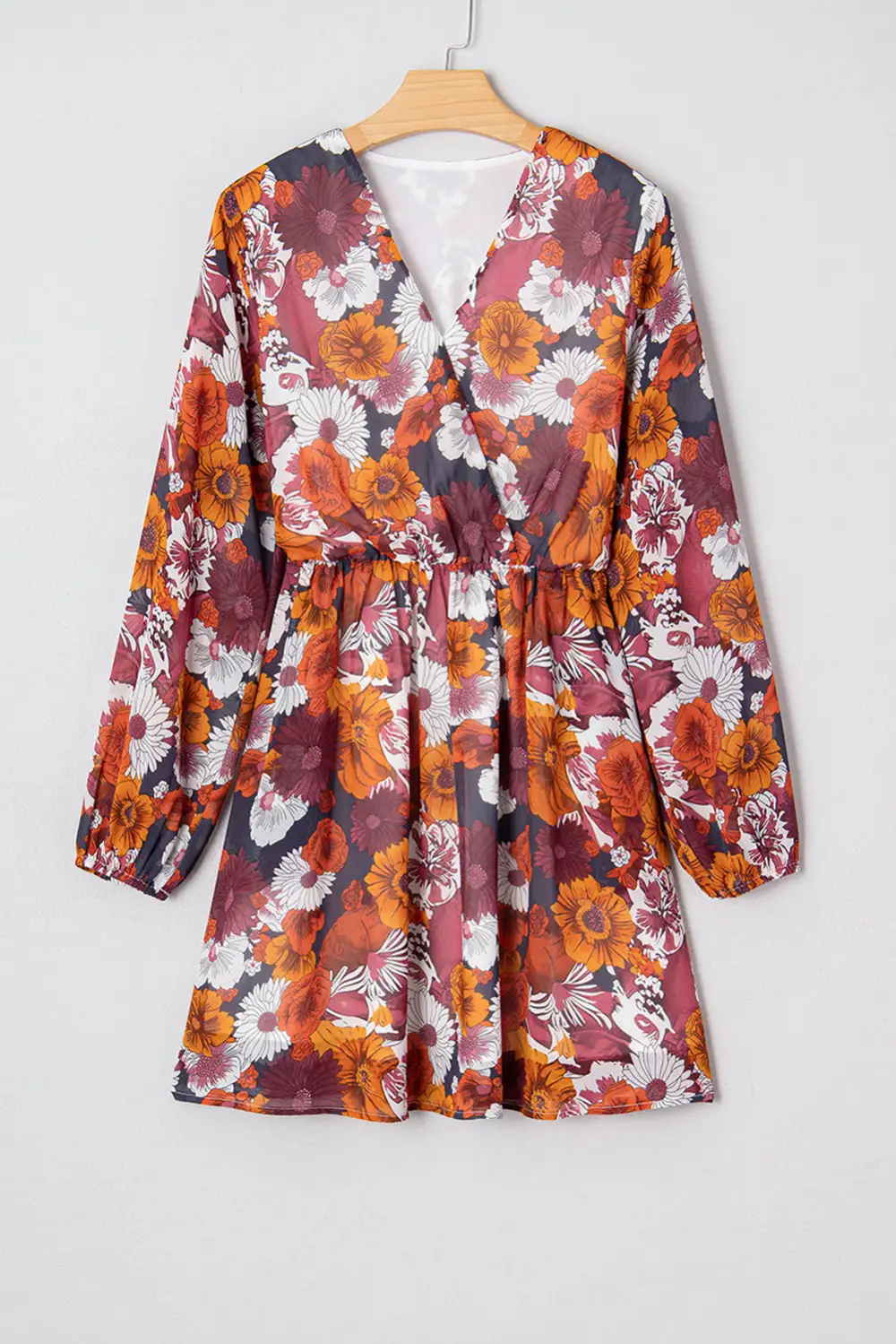 Textured Detail Floral Printed V Neck Mini Dress