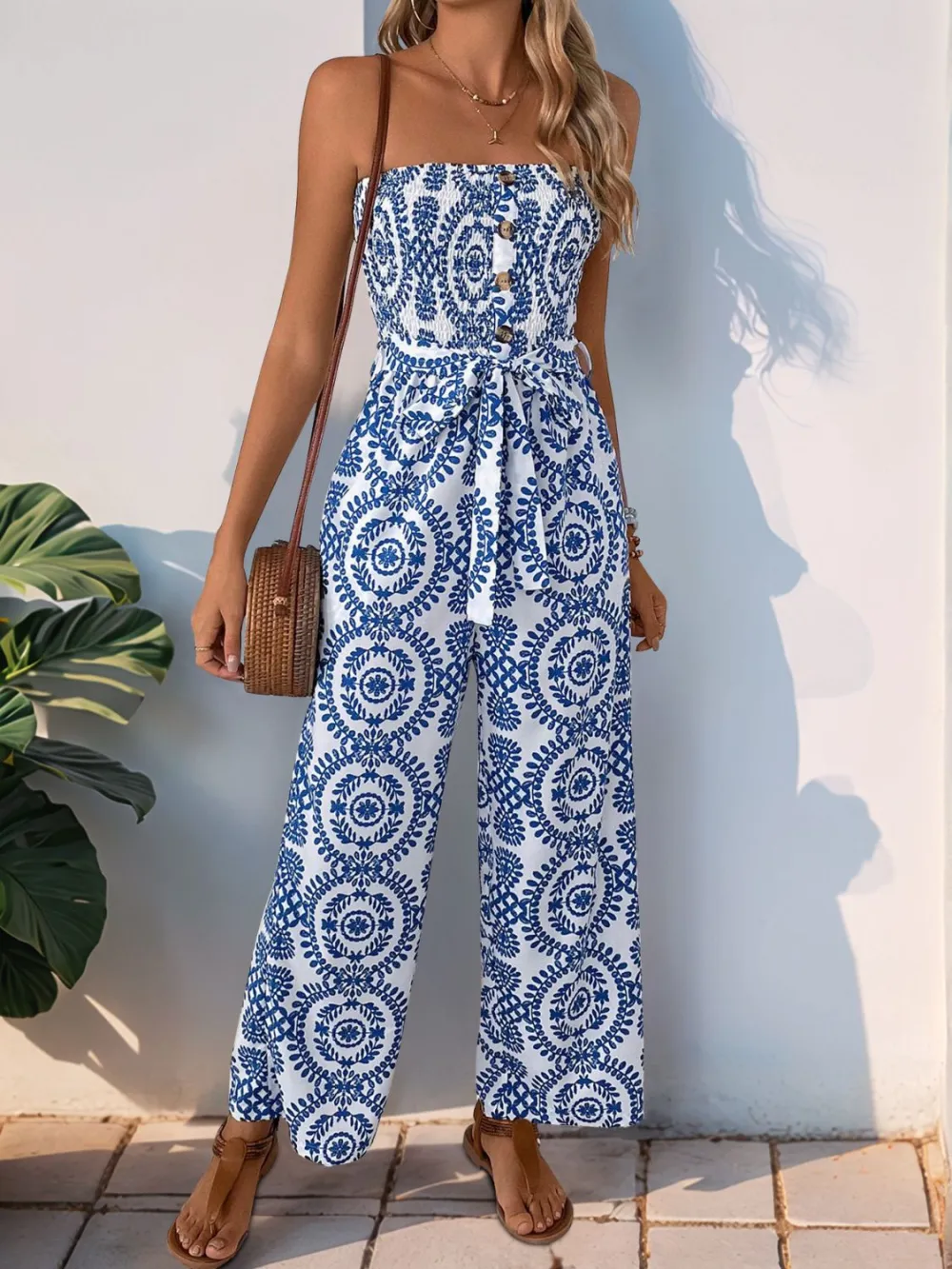 Smocked Tube Wide Leg Jumpsuit