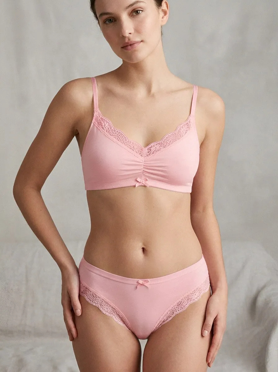 Women's Minimalist Lace Trim Bowknot Bralette and Panty Set
