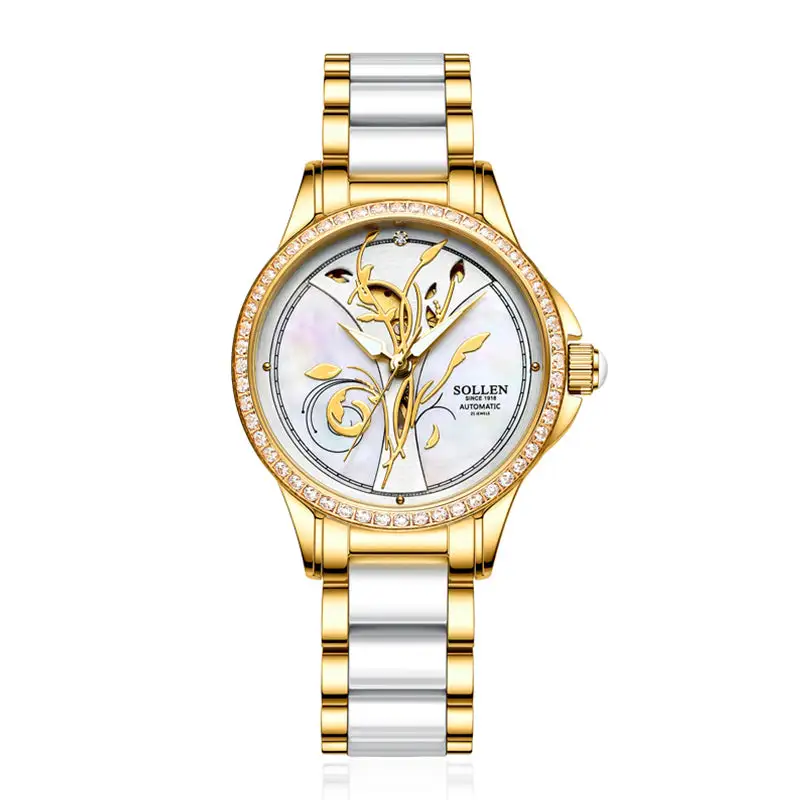 Sollen SL415 Women's Floral Skeleton Automatic Watch - 32.5mm Crystal Bezel Mother of Pearl Dial Ceramic Stainless Steel Bracelet Wristwatch