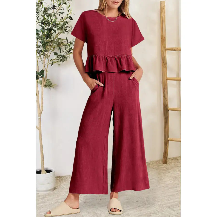 Peplum Round Neck Short Sleeve Top and Pants Set