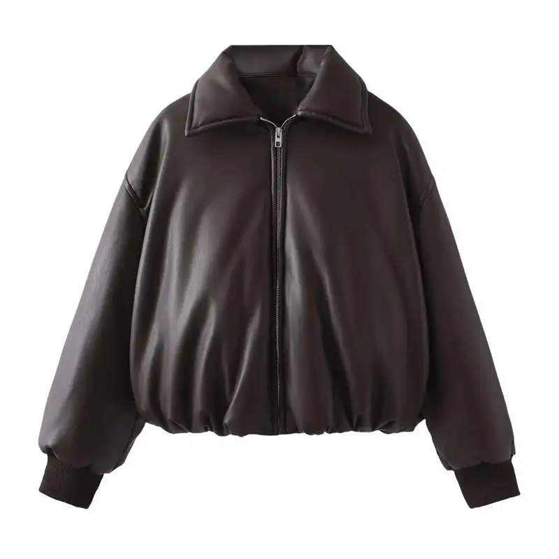 Cropped Quilted Faux Leather Shirt Collar Bomber Jacket