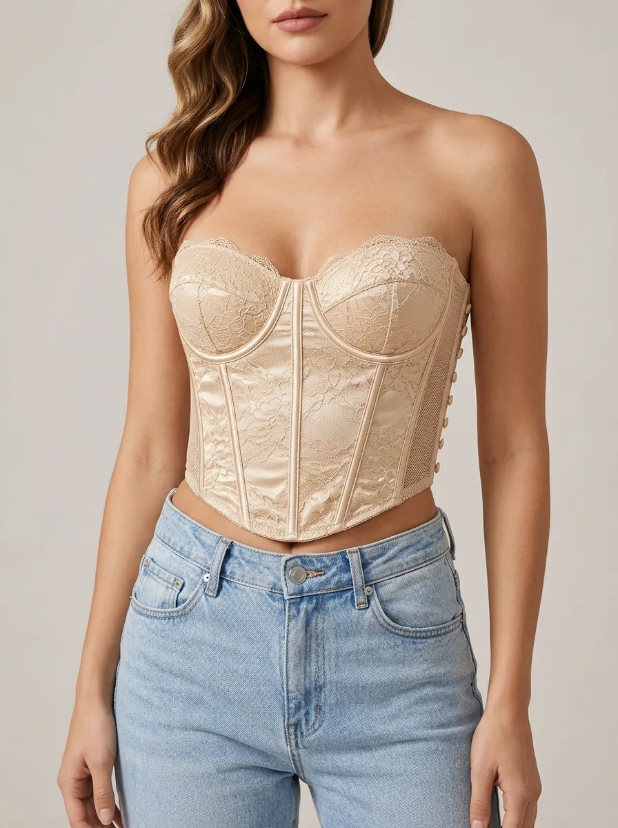 Satin-Style Sweetheart-Neck Button-Front Women's Corset Top