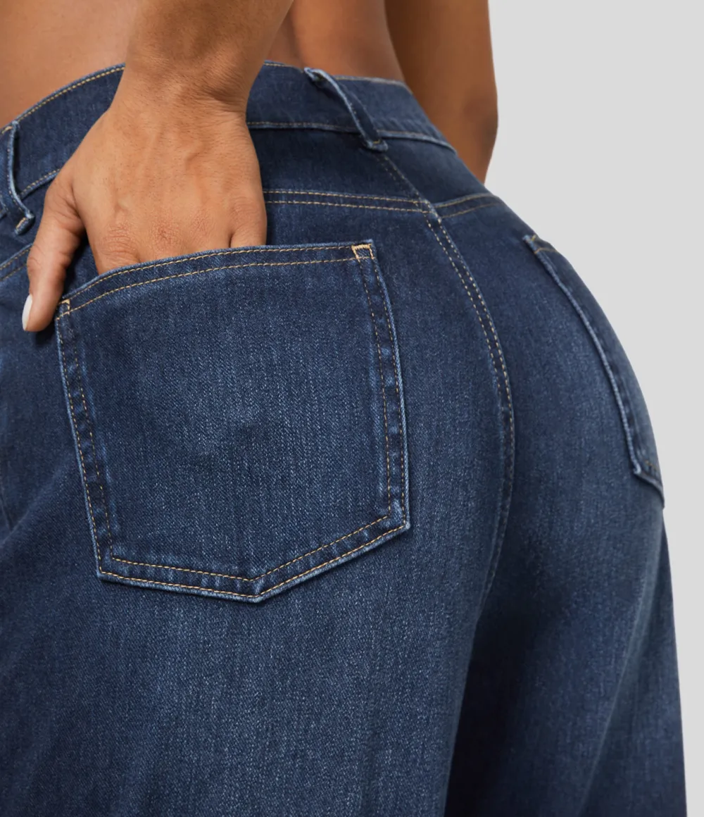Magic High Waisted Multiple Pockets Washed Stretchy Knit Casual Boyfriend Jeans