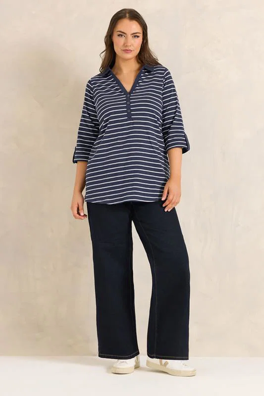 Navy Blue Stripe Pintuck Henley Top detail 1