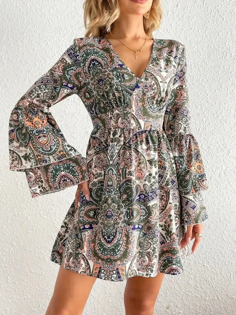 Paisley Printed Bell Sleeve Mini Dress