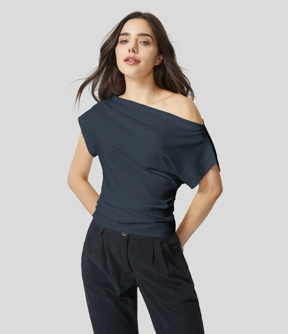 Off Shoulder Short Sleeve Ruched Casual Cotton Top
