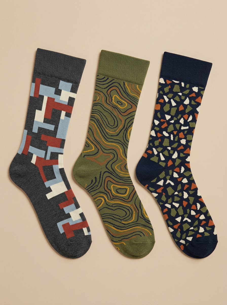 Men's Geometric Topographic Terrazzo Pattern Three-Pack Socks