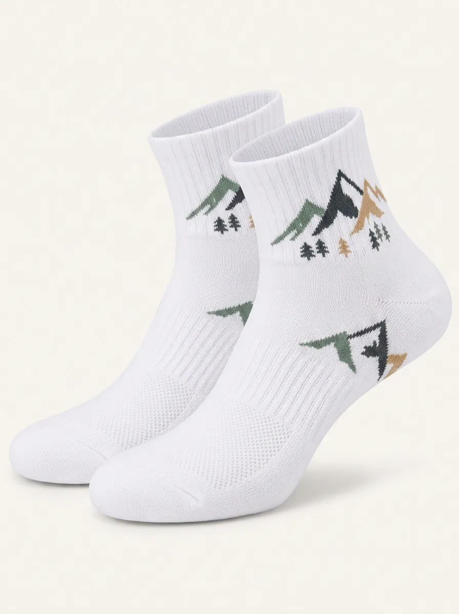 White Scenic Mountain Forest Graphic Sport Ankle Socks