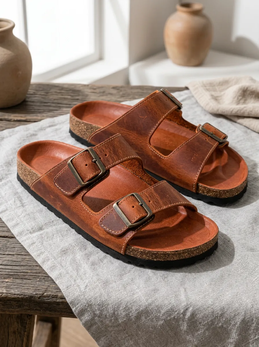 Unisex Classic Leather Buckle Cork Footbed Sandals