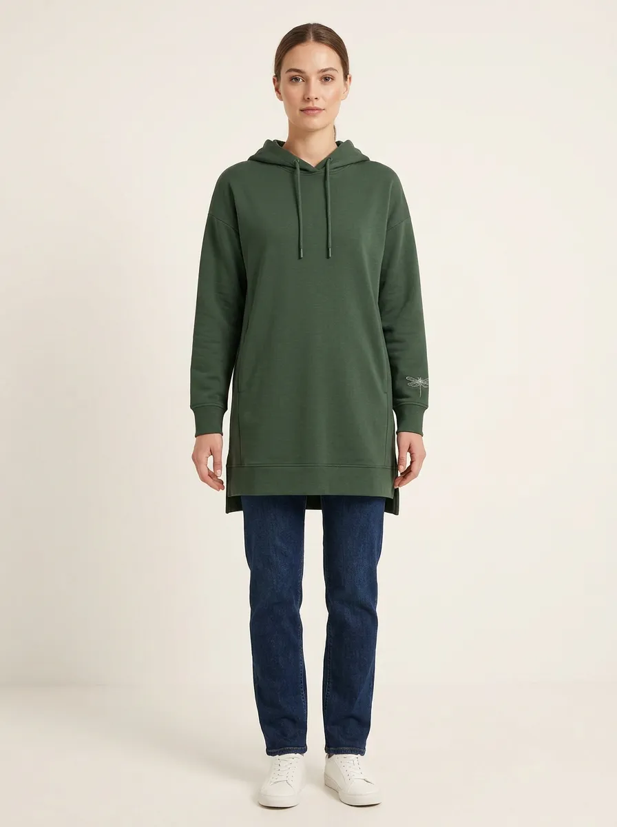 Women's Dragonfly-Cuff Embroidered High-Low Side-Slit Hoodie