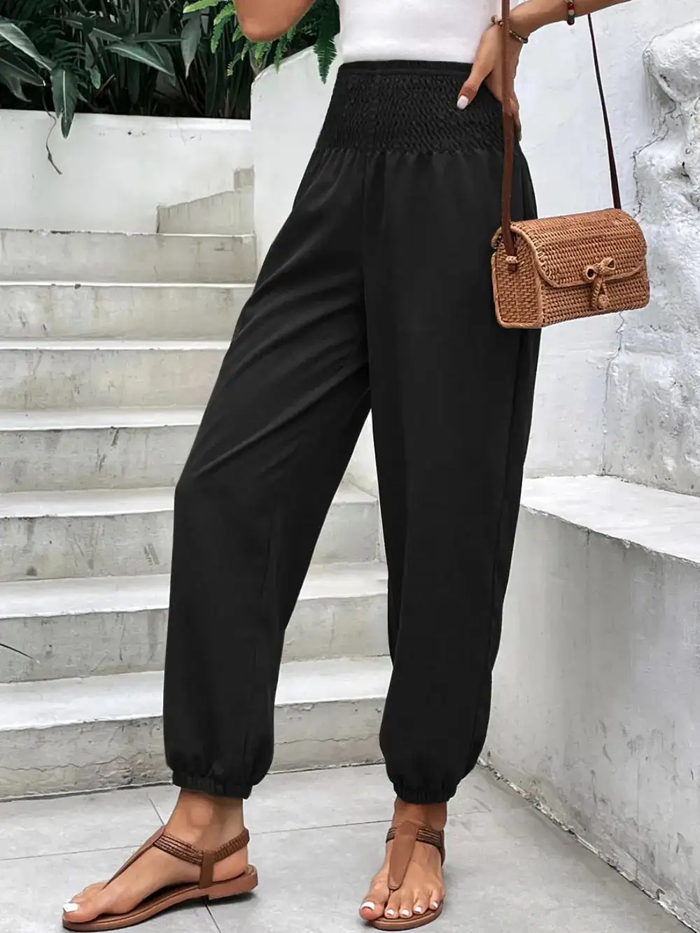 Jogger High Waist Smocked Waist Pocketed Pants