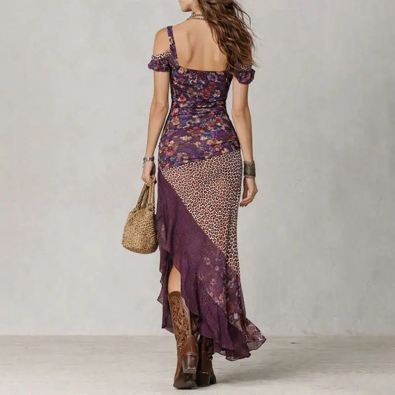 Women's Cold-Shoulder Ruffle High-Slit Dress