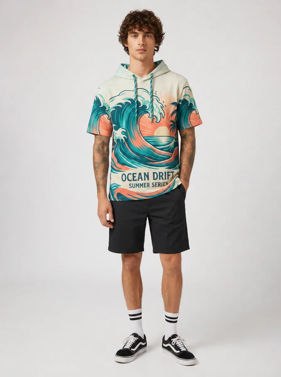 Men's Ocean Drift Summer Sunset Wave Printed Hoodie T-shirt