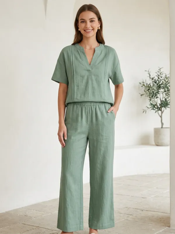 Pleated Linen-Blend Women's V-Neck Shirt