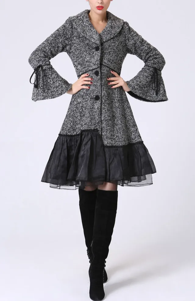 Wool Blend Swing Ruffle Trim Coat