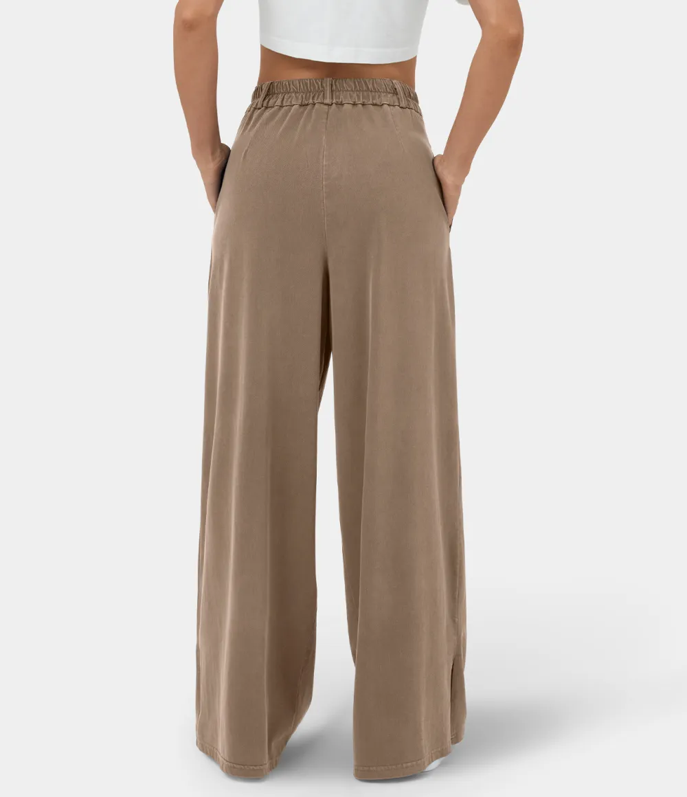 High Waisted Button Zipper Plicated Side Pocket Split Hem Wide Leg Casual Pants