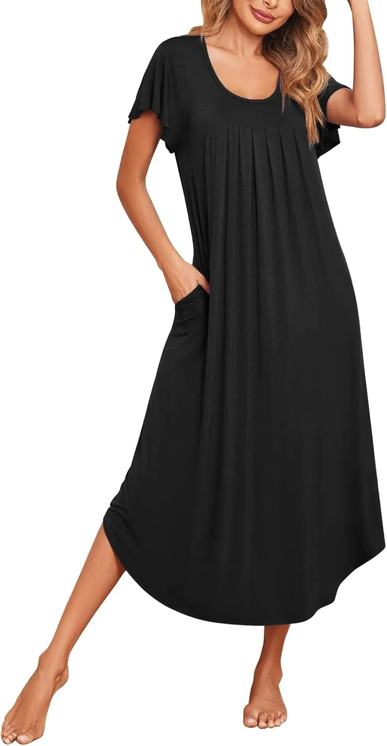 Ekouaer Long Nightgowns for Women with Pockets Short Sleeves House Dresses