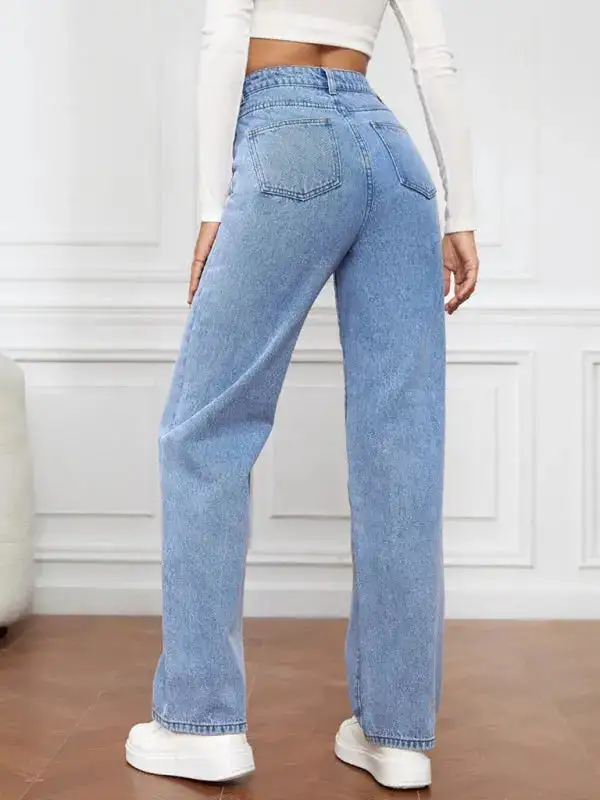 Refined High-Waist Washed Pocketed Straight Leg Jeans