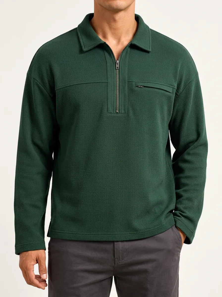 Waffle Knit Quarter-Zip Pullover for Classic Casual Dressing