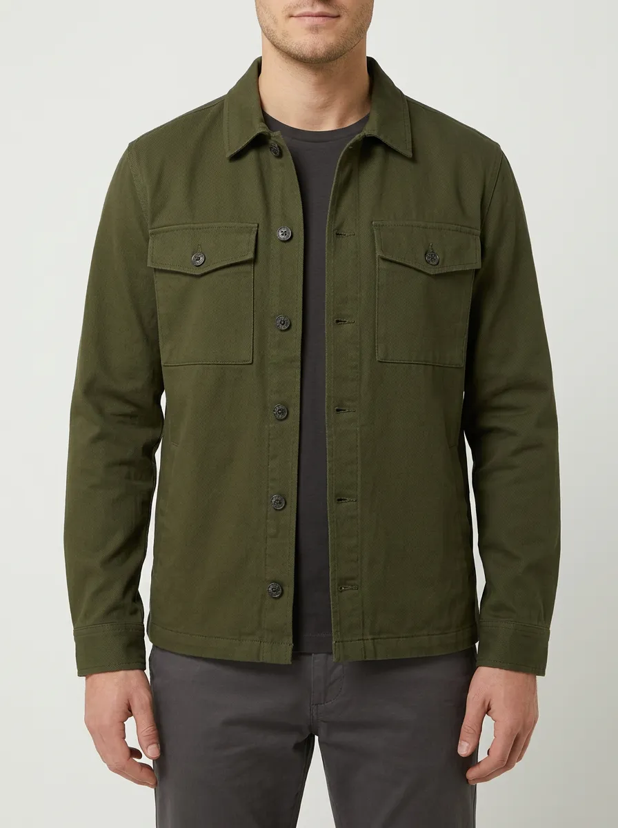 Men's Casual Olive Green Button-Up Utility Jacket